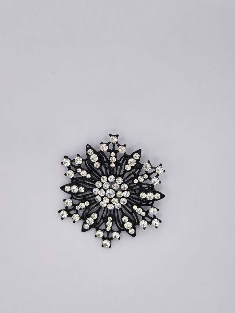 Starburst Brooch Pendant Convertible Black Metal Crystal Snowflake 2" Wide